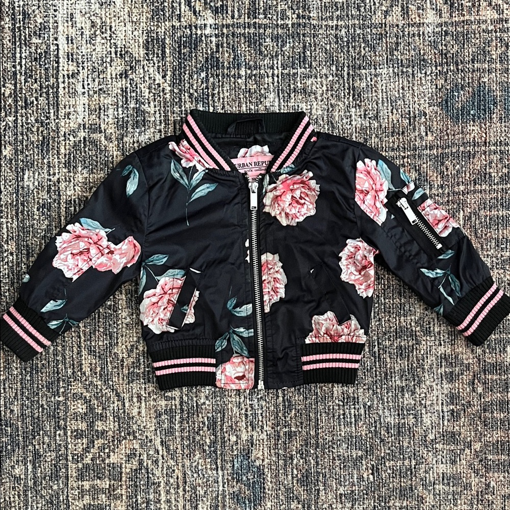 Urban Republic Black and Pink Floral Kids Puffer Jacket